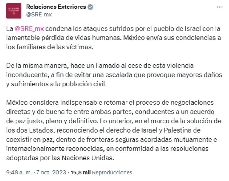 México condena guerra en Israel. Foto: SRE