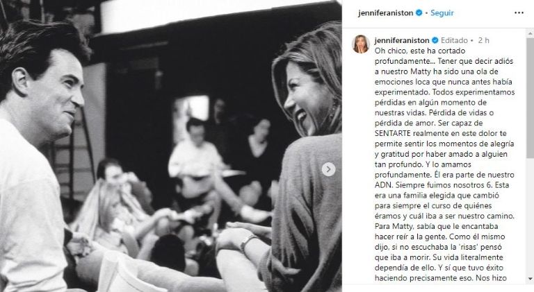 Jennifer Aniston manda mensaje por la muerte de Matthew Perry