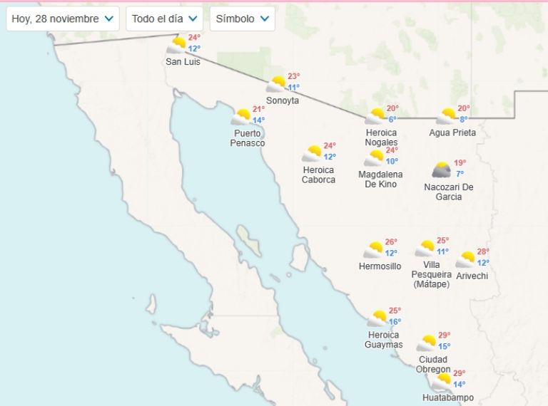 Clima en Sonora para hoy, martes 28 de noviembre. Foto: Meteored