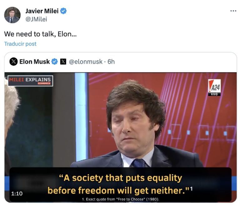 Milei responde a publicación de Elon Musk
