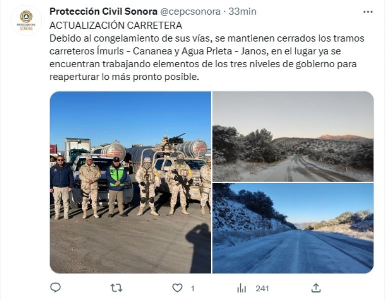 Tormenta invernal provoca cierre carretero en Sonora. Foto: Twitter