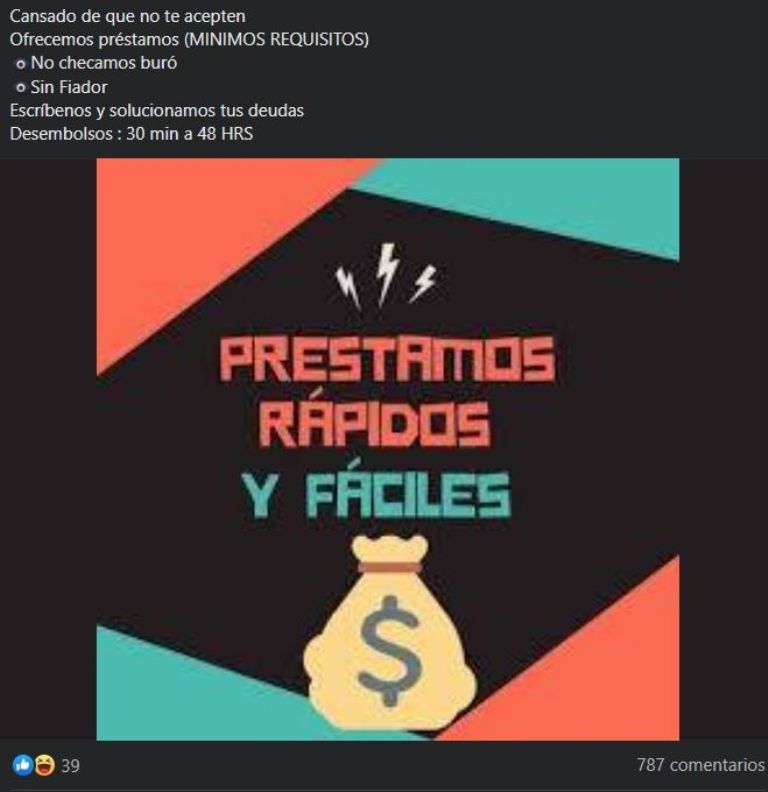 Un ejemplo de los créditos que ofrecen en redes sociales