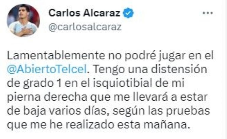 Carlos Alcaraz no jugará el Abierto de Acapulco por lesión; otro tenista también causa baja