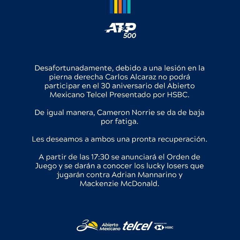 Carlos Alcaraz no jugará el Abierto de Acapulco por lesión; otro tenista también causa baja