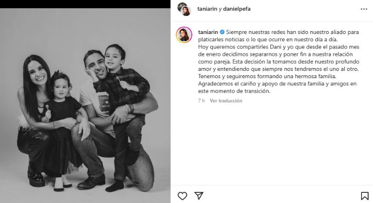 Tania Rincón confirma separación de su esposo. Foto: Instagram
