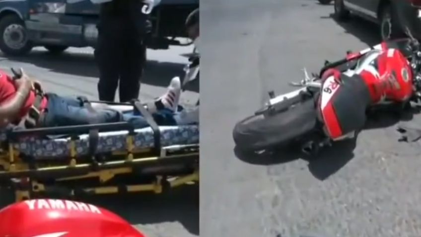 Policía de Ecatepec invade carril confinado y se impacta con motociclista en la Vía Morelos