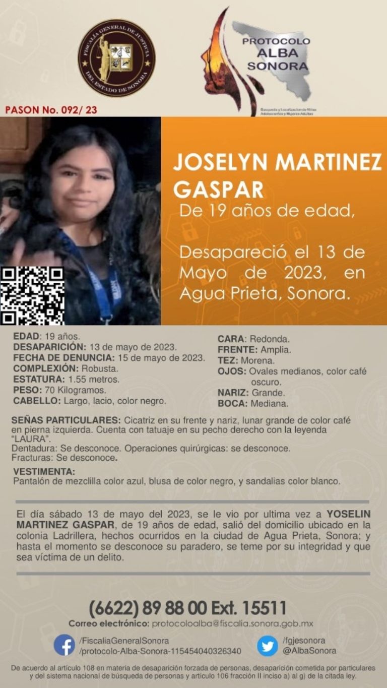 Buscan a Joselyn Martínez, desaparecida en Sonora. Foto: Twitter