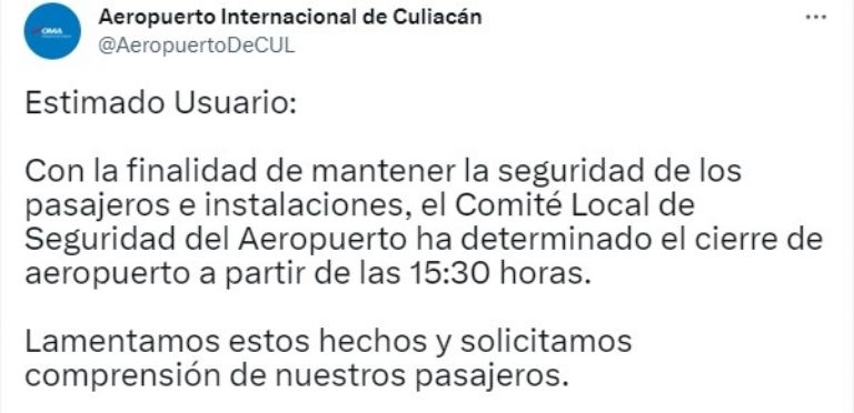 Toman el Aeropuerto Internacional de Culiacán, Sinaloa. Foto: Twitter