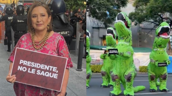 Vestida de dinosaurio, Xóchitl Gálvez llega a Palacio Nacional para protestar por esta razón