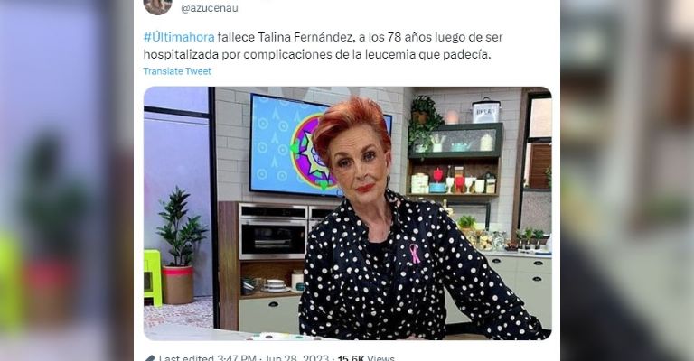 Muere 'La dama del buen decir'; Talina Fernández fallece a los 78 años de edad