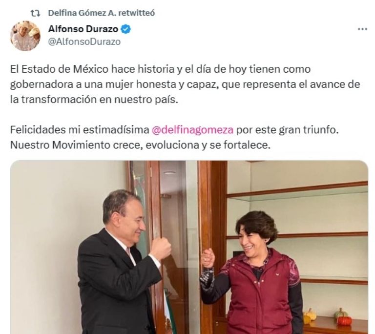 Alfonso Durazo felicita a Delfina Gómez tras triunfo. Foto: Twitter