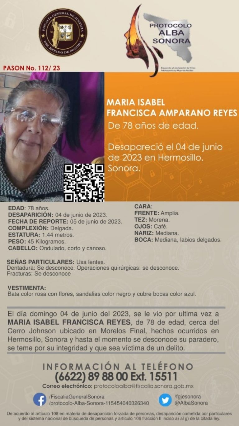 Buscan a la señora María Isabel, desaparecida en Hermosillo, Sonora. Foto: Twitter