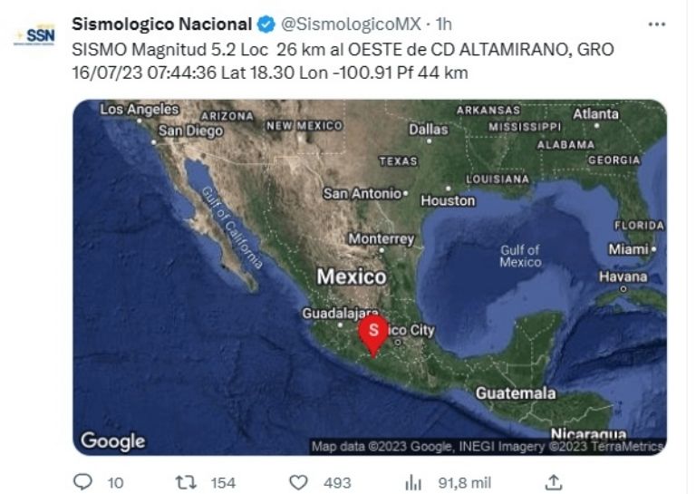 Tiembla en Guerrero este domingo 16 de julio. Foto: Twitter