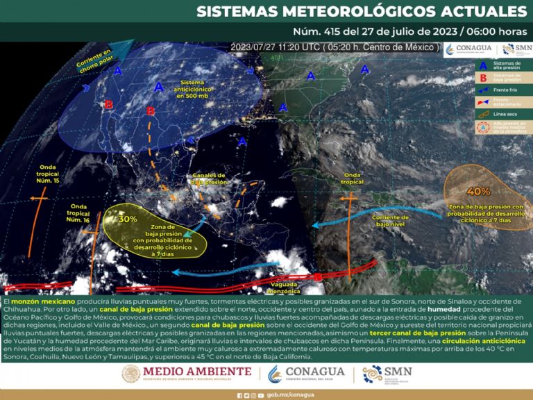 Pronóstico del clima y el tiempo para Sonora hoy jueves 27 de julio. Foto: Conagua