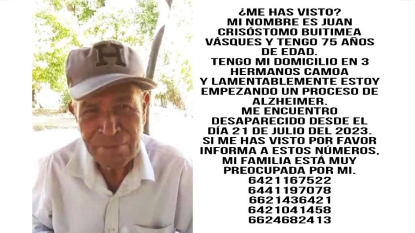 El señor Juan Crisóstomo lleva más de 10 días desaparecido en Navojoa; sigue su búsqueda
