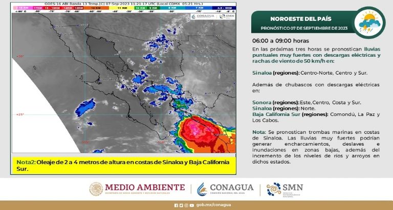 Advierten lluvias fuertes en Sonora hoy, jueves 7 de septiembre. Foto: Conagua