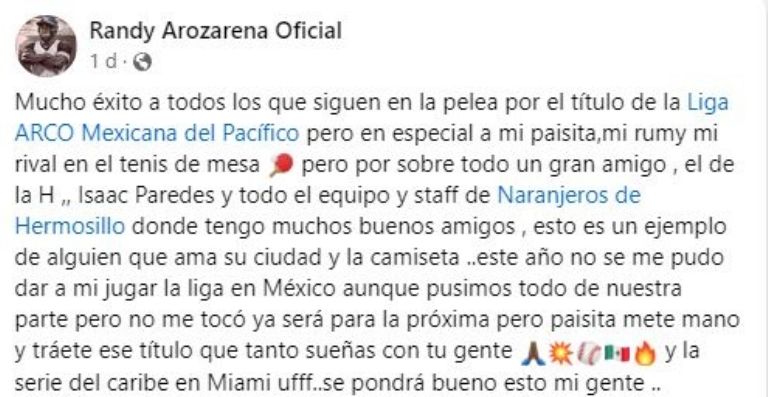 Randy Arozarena manda mensaje de apoyo a los Naranjeros por la Serie Final de la LMP