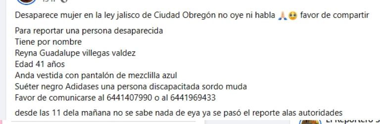 Buscan a mujer desaparecida en Ciudad Obregón, Sonora. Foto: Facebook