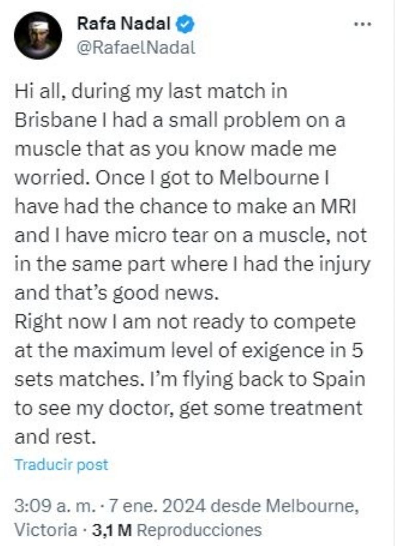 Rafa Nadal descarta su participación en el Abierto de Australia por este motivo