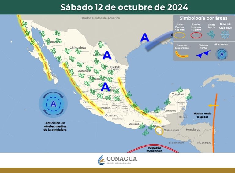 Pronóstico del clima para este sábado 12 de octubre. Foto: Conagua