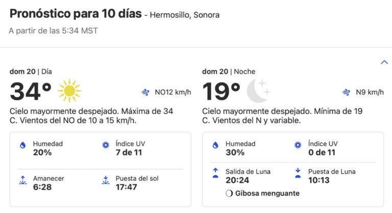 Clima en Hermosillo HOY domingo 20 de octubre. Foto: Conagua Clima