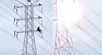 VIDEO: Hombre se sienta en la cima de una torre de alta tensión y recibe fuerte descarga