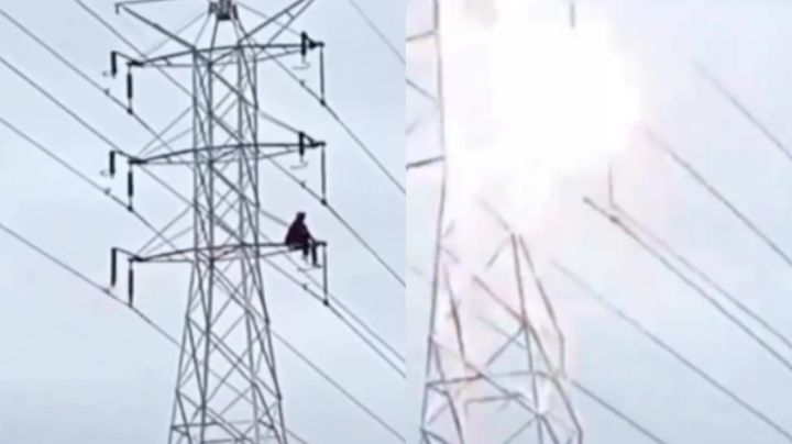 VIDEO: Hombre se sienta en la cima de una torre de alta tensión y recibe fuerte descarga