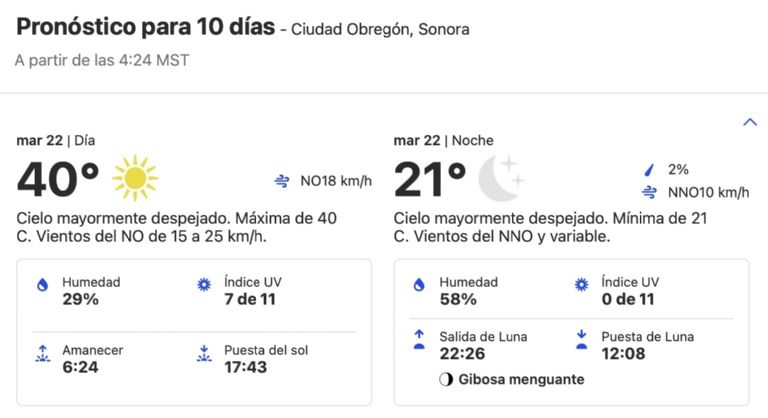 Clima en Ciudad Obregón para hoy martes 22 de octubre del 2024. Foto: Conagua