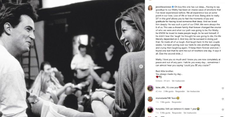 Jennifer Aniston así recuerda a Matthew Perry a un año de su muerte