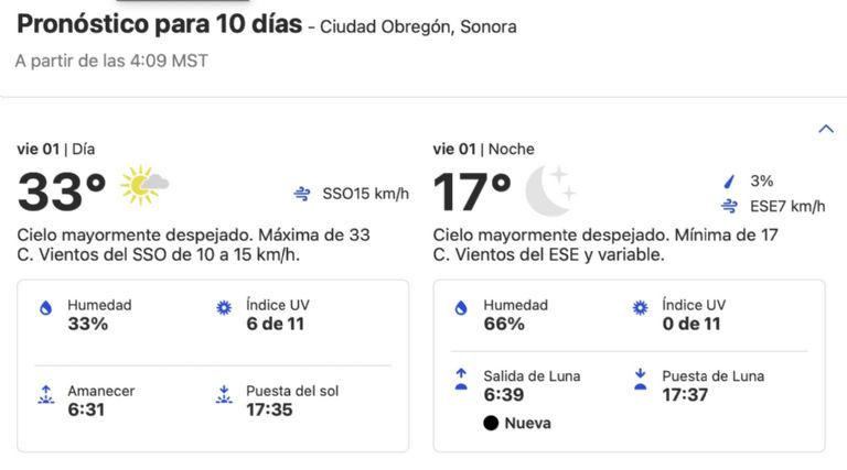 Clima en Ciudad Obregón HOY viernes 1 de noviembre. Foto: Conagua Clima