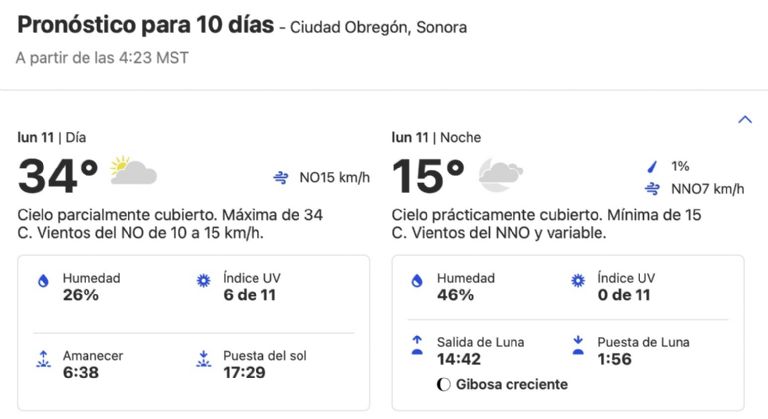 Clima en Ciudad Obregón para HOY lunes 11 de noviembre del 2024. Foto: Conagua Clima