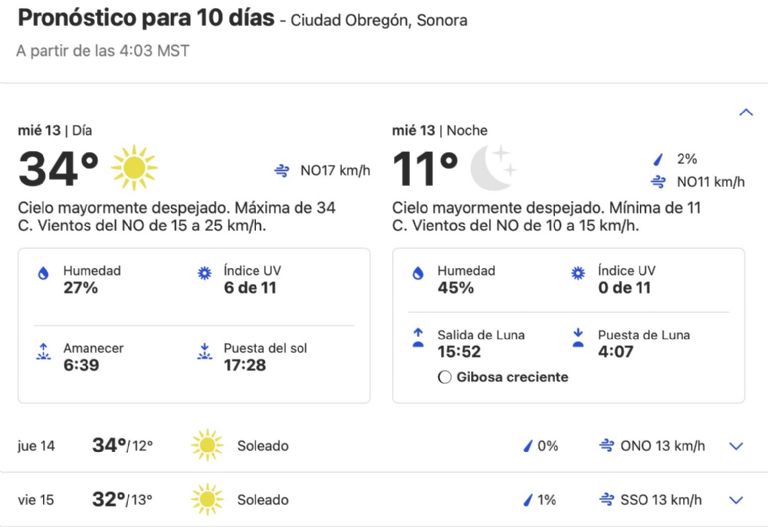 Clima en Ciudad Obregón HOY miércoles 13 de noviembre. Foto: Conagua Clima