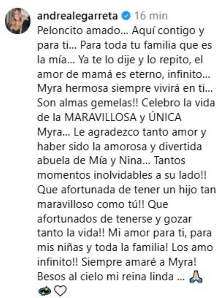 Andrea Legarreta lamentó la muerte de su exsuegra
