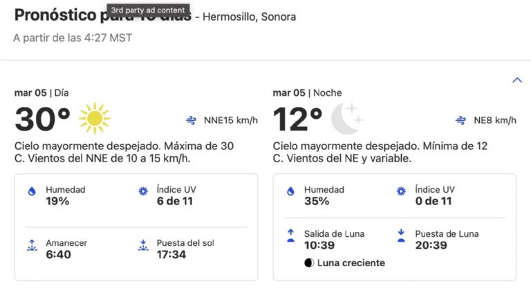 Clima en Hermosillo HOY martes 5 de noviembre. Foto: Conagua Clima