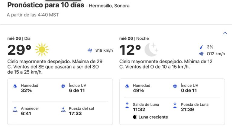 Clima en Hermosillo HOY miércoles 6 de noviembre. Foto: Conagua Clima