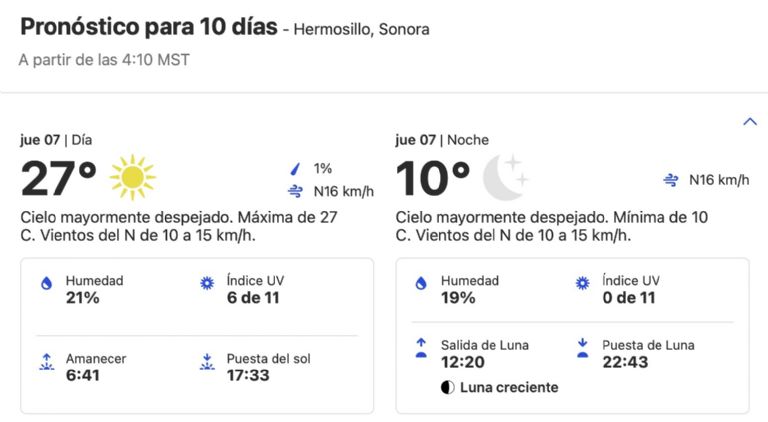Clima Hermosillo HOY 7 de noviembre 2024. Foto: Conagua Clima