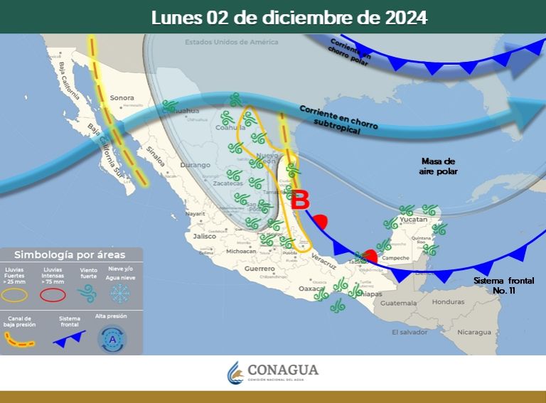 Pronóstico del clima para el lunes 2 de diciembre. Foto: Conagua Clima