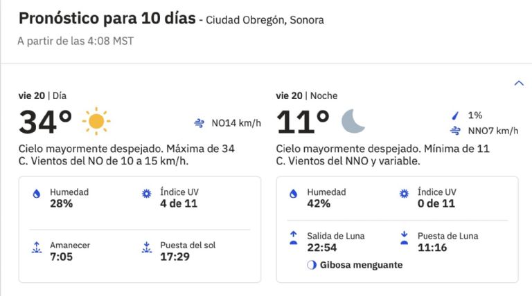 Clima en Ciudad Obregón HOY viernes 20 de diciembre de 2024. Foto: Conagua Clima