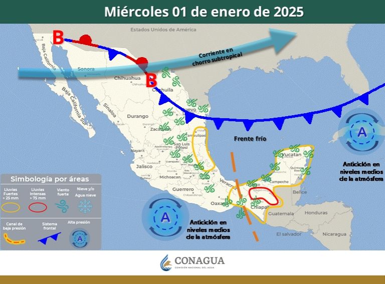 Pronóstico del clima para HOY miércoles 1 de enero. Foto: Conagua Clima