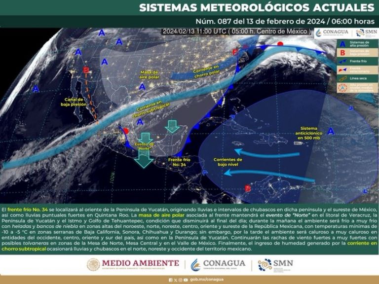 Pronóstico del clima para hoy, martes 13 de febrero. Foto: Conagua