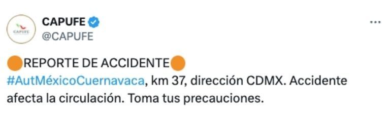 Accidente vehicular en Autopista México-Cuernavaca provoca avance lento