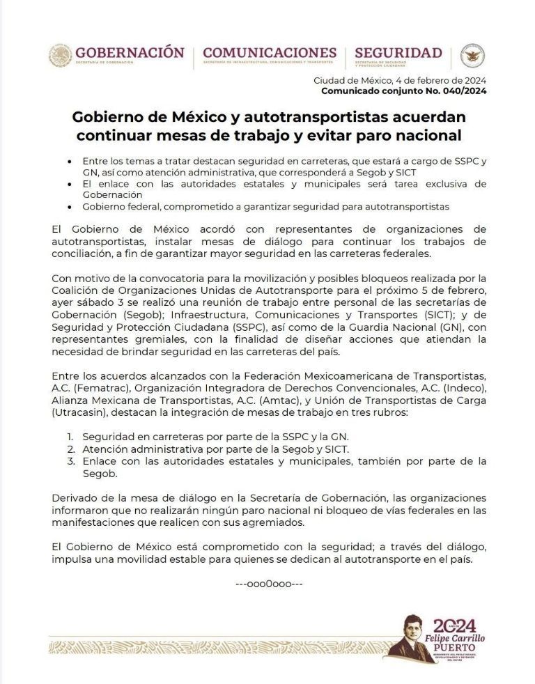 Transportistas no harán bloqueo; llegan a acuerdo