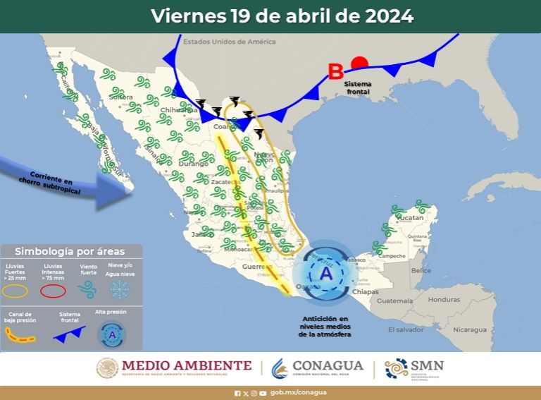 Pronóstico del clima para el viernes 19 de abril. Foto: Conagua