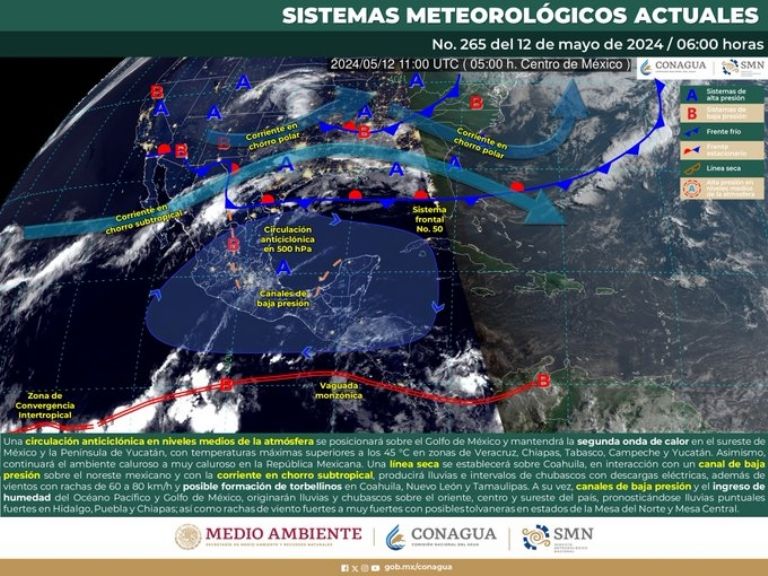 Clima en México de hoy, domingo 12 de mayo. Foto: Conagua