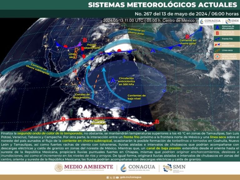Clima en México para hoy, lunes 13 de mayo. Foto: Conagua