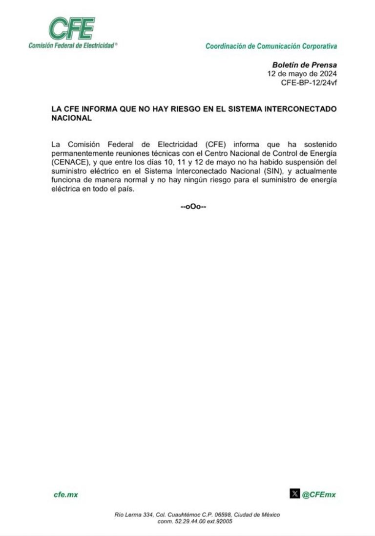 CFE informa sobre energía eléctrica en México. Foto: Twitter