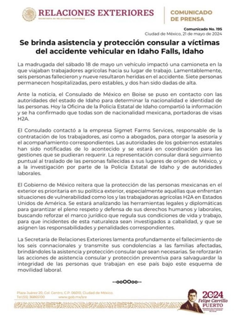 Accidente en Idaho Falls deja seis mexicanos muertos. Foto: SRE