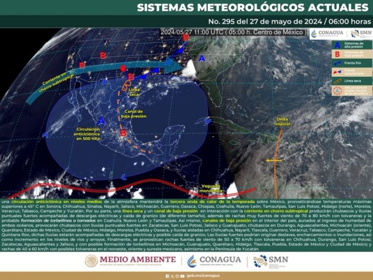 Pronóstico del clima en México para hoy, lunes 27 de mayo 2024. Foto: Conagua