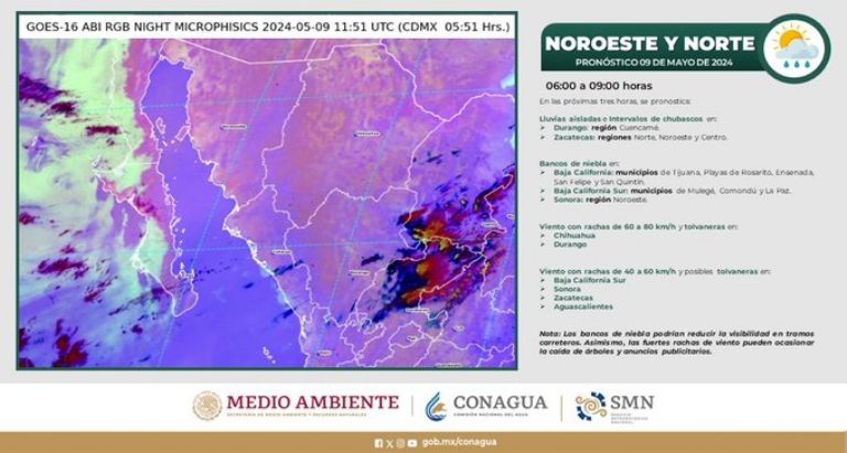 Clima en el noroeste de México hoy, jueves 9 de mayo. Foto: Conagua