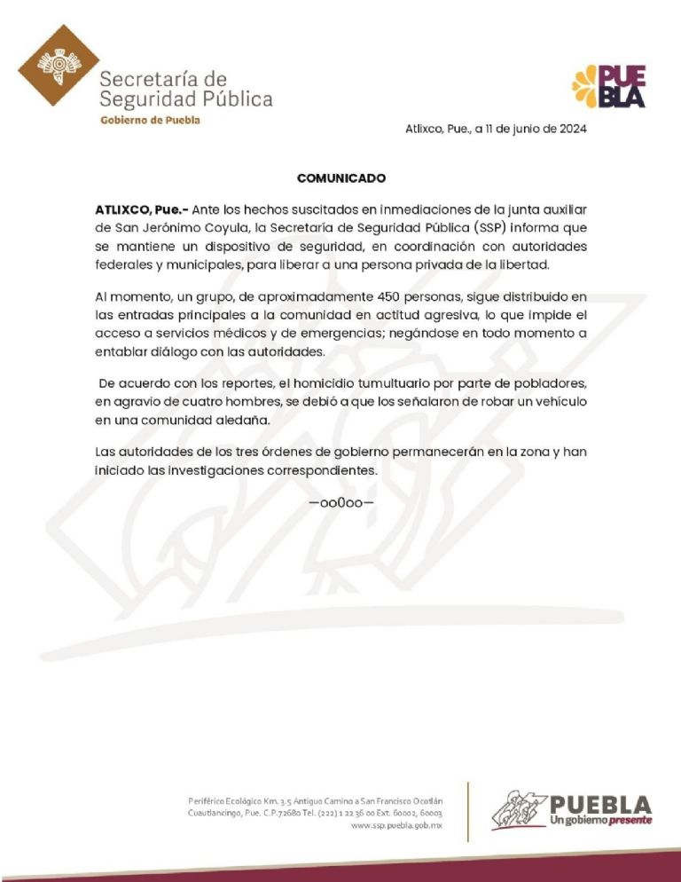 La Secretaría de Seguridad Pública confirmó el linchamiento de 4 hombres en la junta auxiliar de San Jerónimo Coyula